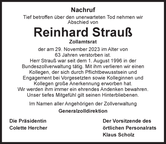 Traueranzeige von Reinhard Strauß von Neustadt/ Scheinfeld/ Uffenheim