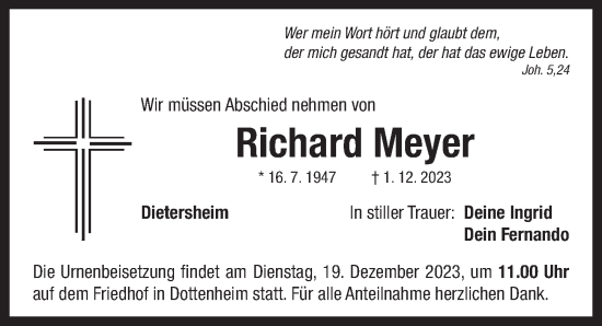 Traueranzeige von Richard Meyer von Neustadt/ Scheinfeld/ Uffenheim