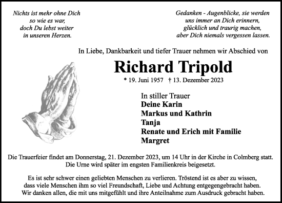 Traueranzeige von Richard Tripold von Ansbach