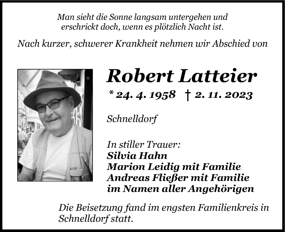  Traueranzeige für Robert Latteier vom 13.12.2023 aus Rothenburg