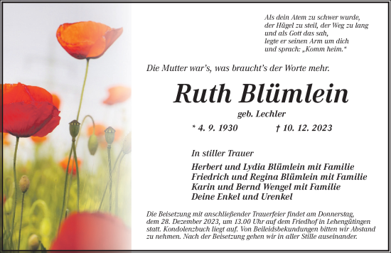 Traueranzeige von Ruth Blümlein von Dinkelsbühl/ Feuchtwangen