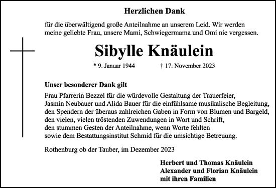 Traueranzeige von Sibylle Knäulein von Rothenburg