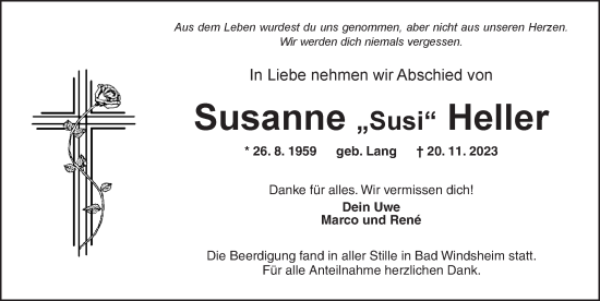 Traueranzeige von Susanne Heller von Neustadt/ Scheinfeld/ Uffenheim