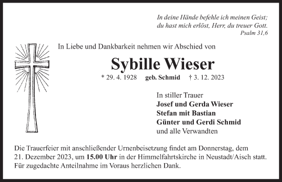 Traueranzeige von Sybille Wieser von Neustadt/ Scheinfeld/ Uffenheim