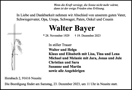 Traueranzeige von Walter Bayer von Rothenburg