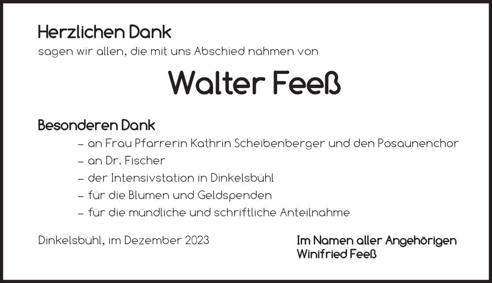  Traueranzeige für Walter Feeß vom 13.12.2023 aus Dinkelsbühl/ Feuchtwangen