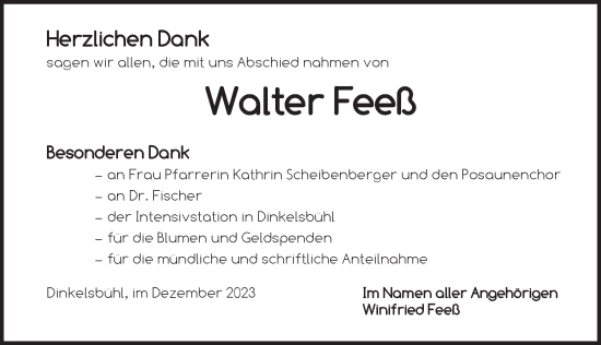 Traueranzeige von Walter Feeß von Dinkelsbühl/ Feuchtwangen