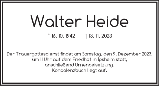 Traueranzeige von Walter Heide von Neustadt/ Scheinfeld/ Uffenheim