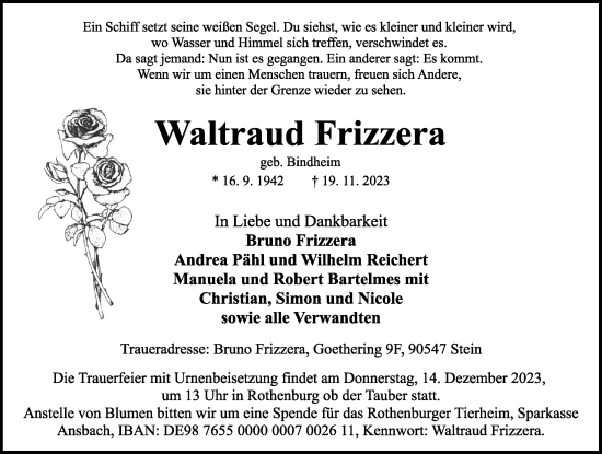 Traueranzeige von Waltraud Frizzera von Rothenburg