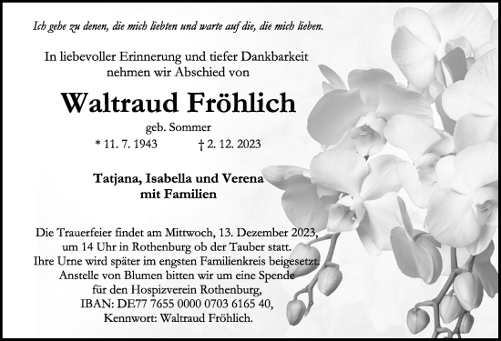 Traueranzeige von Waltraud Fröhlich von Ansbach