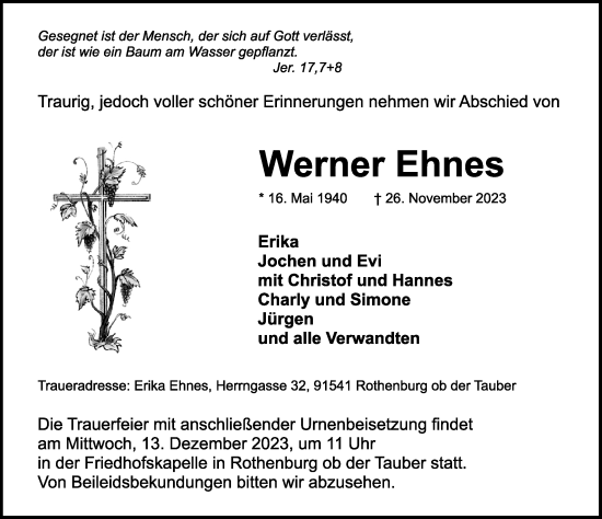 Traueranzeige von Werner Ehnes von Rothenburg