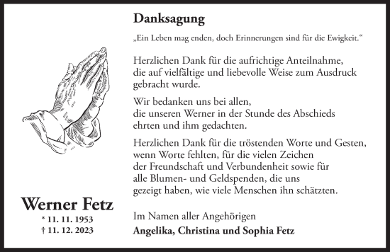 Traueranzeige von Werner Fetz von Ansbach