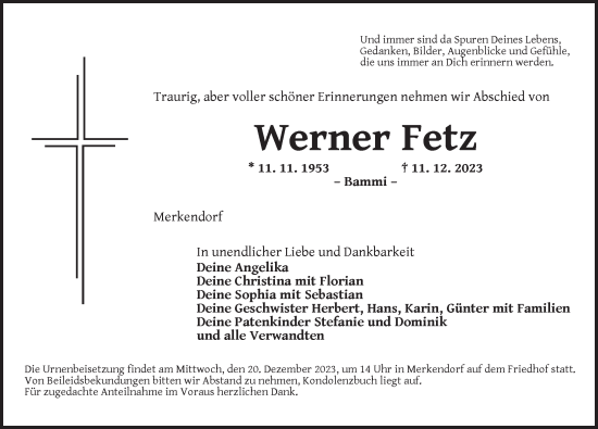 Traueranzeige von Werner Fetz von Ansbach