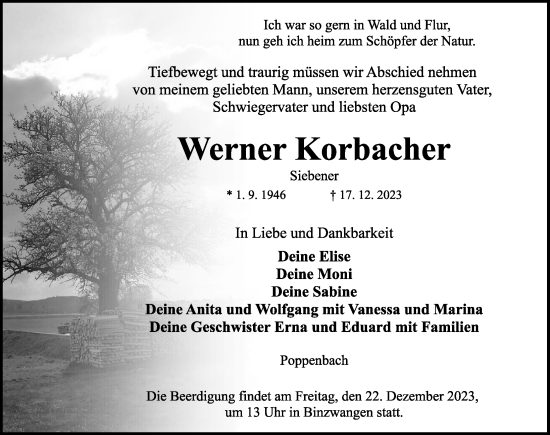 Traueranzeige von Werner Korbacher von Ansbach