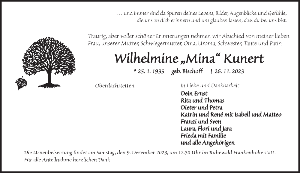  Traueranzeige für Wilhelmine Kunert vom 06.12.2023 aus Ansbach