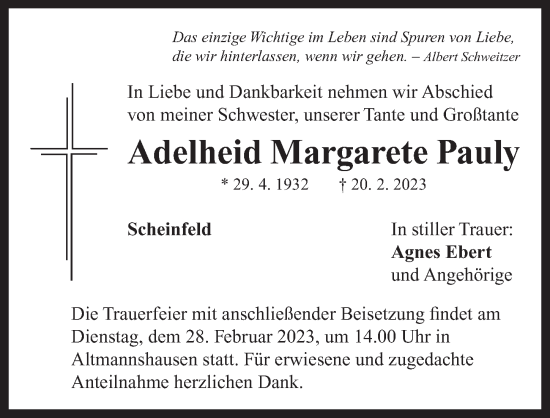 Traueranzeige von Adelheid Margarete Pauly von Neustadt/ Scheinfeld/ Uffenheim