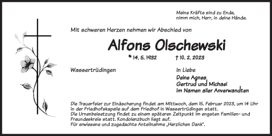Traueranzeige von Alfons Olschewski von Dinkelsbühl/ Feuchtwangen