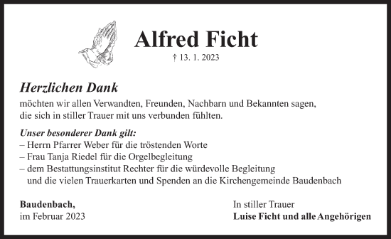 Traueranzeige von Alfred Ficht von Neustadt/ Scheinfeld/ Uffenheim