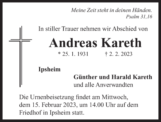 Traueranzeige von Andreas Kareth von Neustadt/ Scheinfeld/ Uffenheim