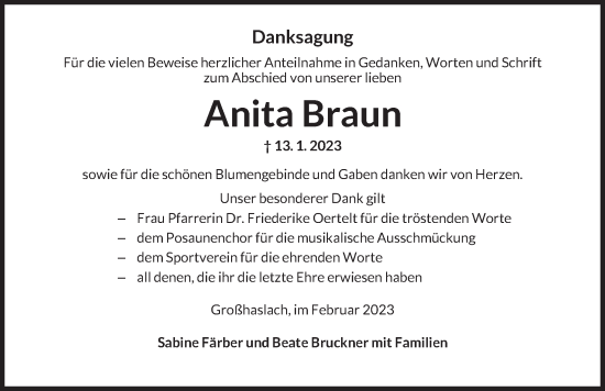 Traueranzeige von Anita Braun von Ansbach