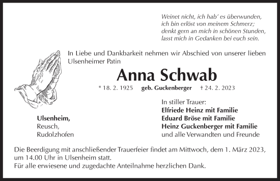 Traueranzeige von Anna Schwab von Neustadt/ Scheinfeld/ Uffenheim