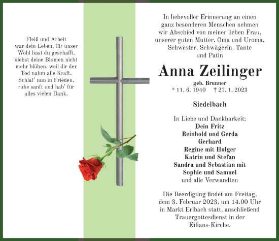 Traueranzeige von Anna Zeilinger von Neustadt/ Scheinfeld/ Uffenheim