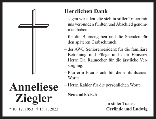 Traueranzeige von Anneliese Ziegler von Neustadt/ Scheinfeld/ Uffenheim