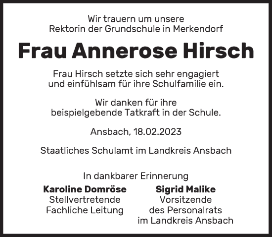 Traueranzeige von Annerose Hirsch von Ansbach