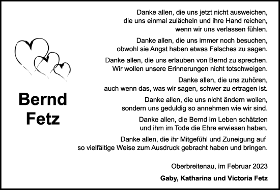 Traueranzeige von Bernd Fetz von Ansbach