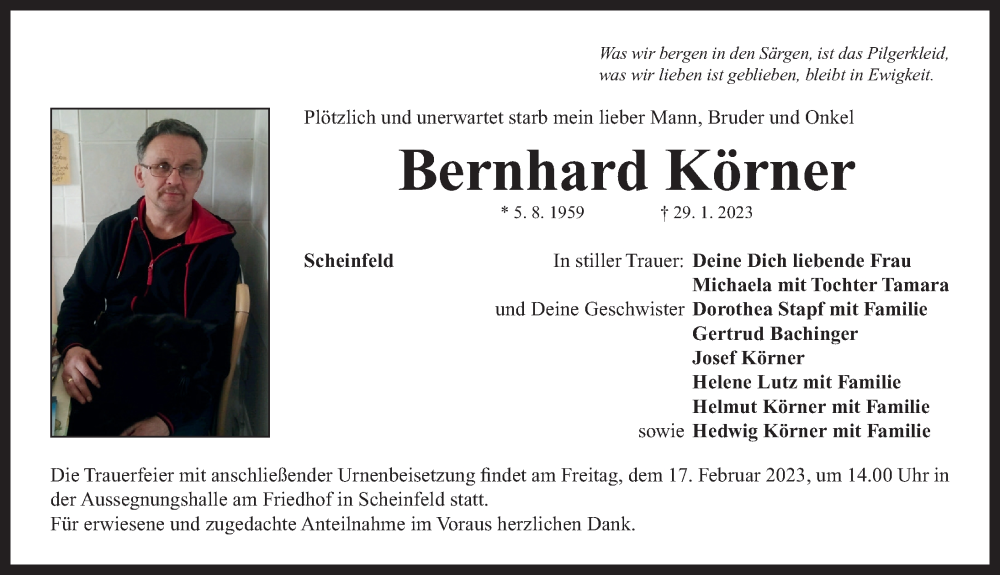  Traueranzeige für Bernhard Körner vom 15.02.2023 aus Neustadt/ Scheinfeld/ Uffenheim