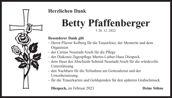 Traueranzeige von Betty Pfaffenberger von Neustadt/ Scheinfeld/ Uffenheim