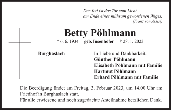 Traueranzeige von Betty Pöhlmann von Neustadt/ Scheinfeld/ Uffenheim