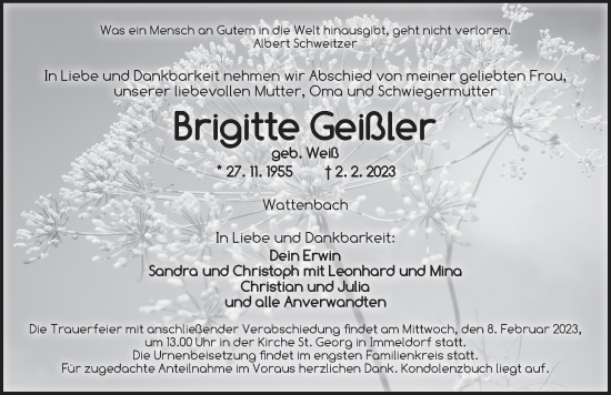 Traueranzeige von Brigitte Geißler von Ansbach