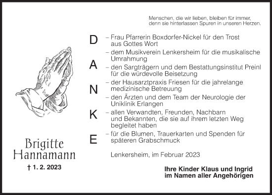 Traueranzeige von Brigitte Hannamann von Neustadt/ Scheinfeld/ Uffenheim