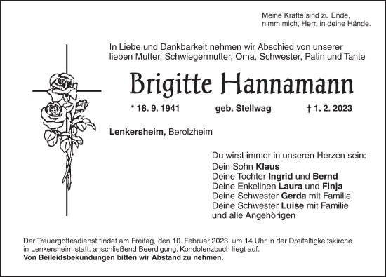 Traueranzeige von Brigitte Hannamann von Neustadt/ Scheinfeld/ Uffenheim