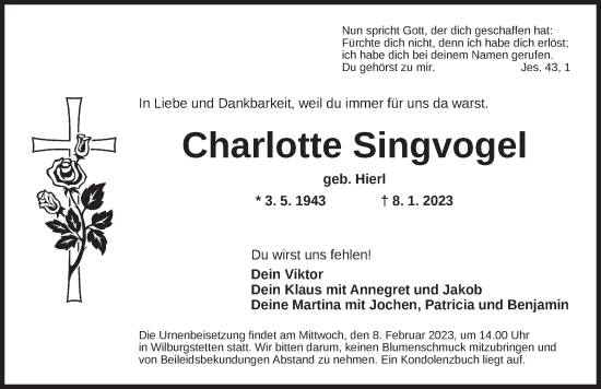 Traueranzeige von Charlotte Singvogel von Dinkelsbühl/ Feuchtwangen