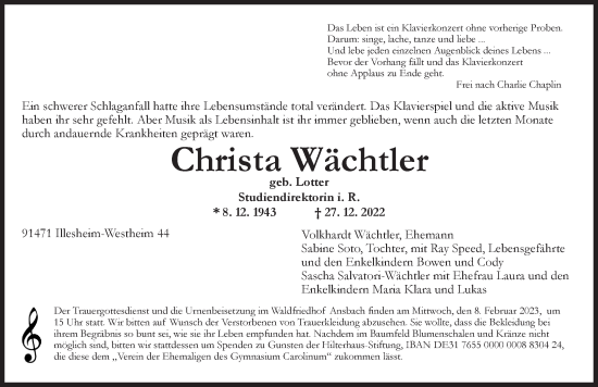 Traueranzeige von Christa Wächtler von Ansbach