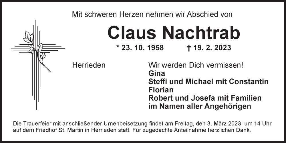  Traueranzeige für Claus Nachtrab vom 28.02.2023 aus Ansbach