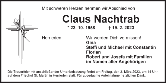 Traueranzeige von Claus Nachtrab von Ansbach