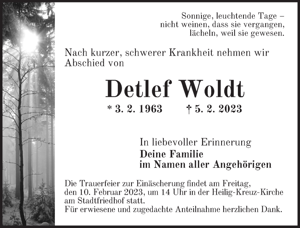  Traueranzeige für Detlef Woldt vom 08.02.2023 aus Ansbach