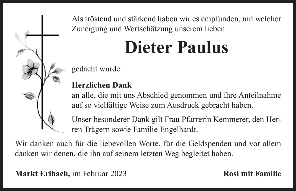  Traueranzeige für Dieter Paulus vom 25.02.2023 aus Neustadt/ Scheinfeld/ Uffenheim