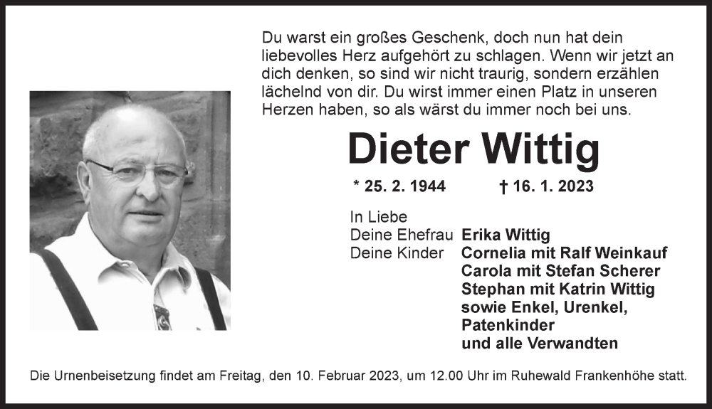  Traueranzeige für Dieter Wittig vom 08.02.2023 aus Ansbach