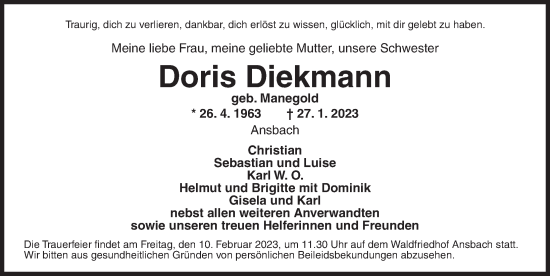 Traueranzeige von Doris Diekmann von Ansbach