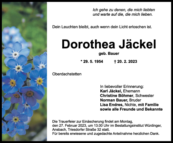 Traueranzeige von Dorothea Jäckel von Ansbach