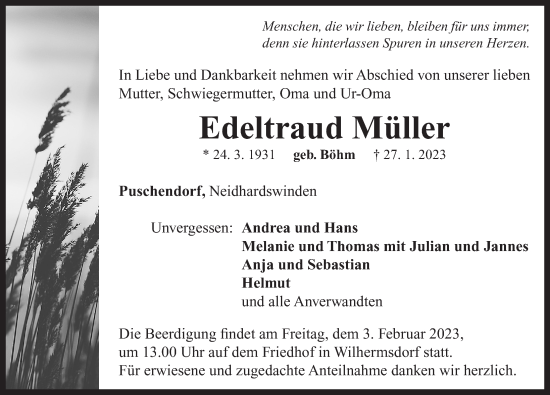 Traueranzeige von Edeltraud Müller von Neustadt/ Scheinfeld/ Uffenheim