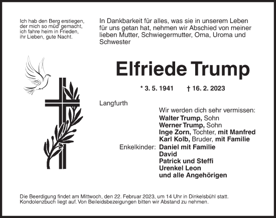 Traueranzeige von Elfriede Trump von Dinkelsbühl/ Feuchtwangen