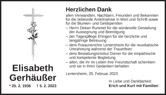 Traueranzeige von Elisabeth Gerhäußer von Dinkelsbühl/ Feuchtwangen