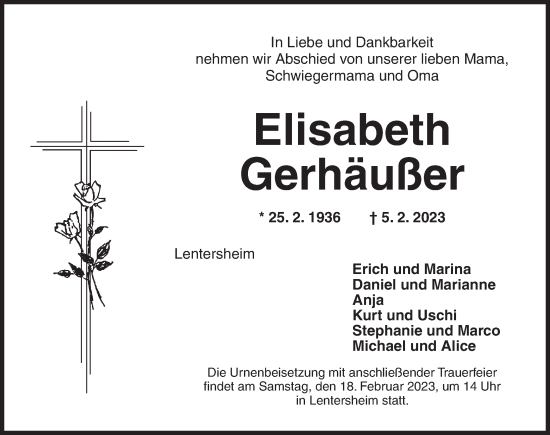 Traueranzeige von Elisabeth Gerhäußer von Dinkelsbühl/ Feuchtwangen