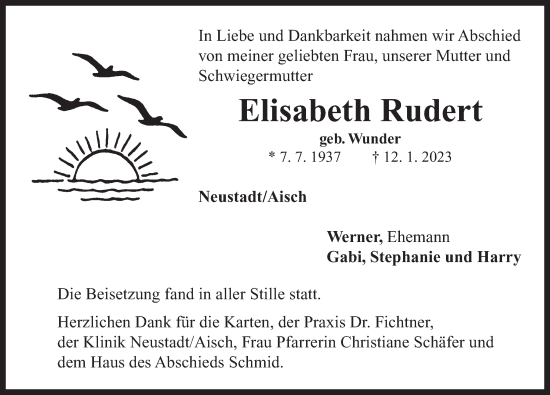 Traueranzeige von Elisabeth Rudert von Neustadt/ Scheinfeld/ Uffenheim