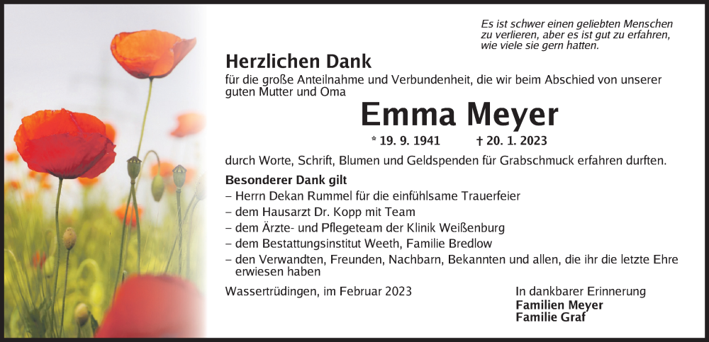  Traueranzeige für Emma Meyer vom 10.02.2023 aus Dinkelsbühl/ Feuchtwangen